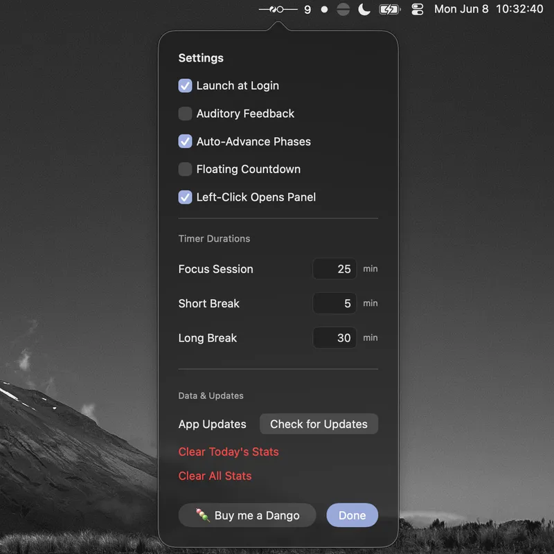 Duration and toggle settings